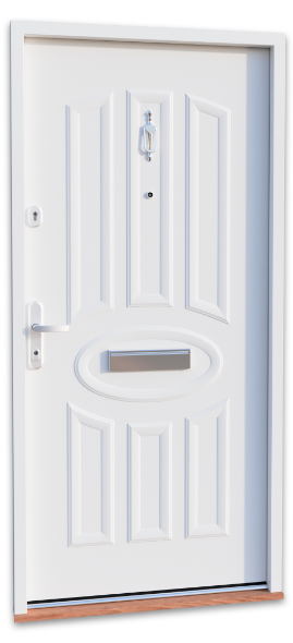 A white front door with decorative panels, a letterbox, peephole, and a silver handle, set against a neutral background.